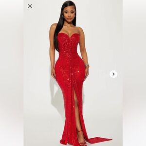 Fashion Nova Strapless Red Sequin Maxi Dress